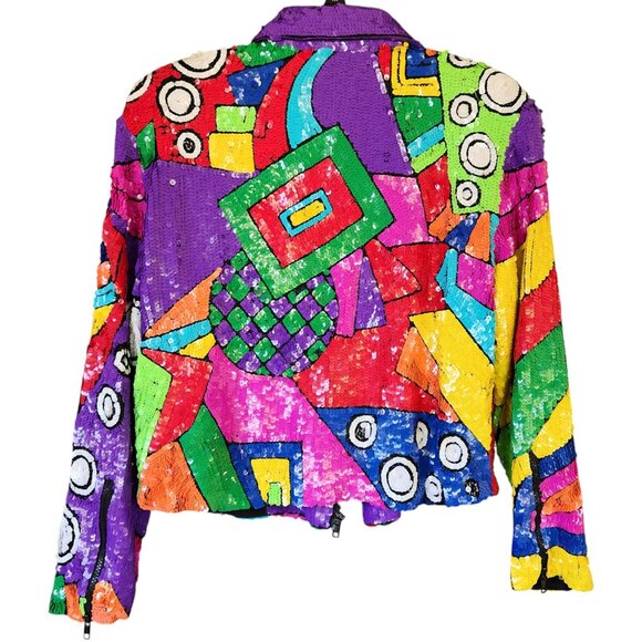 Sequin Moto Jacket Women's Neon Multicolor OOAK Zipper Front100% Silk Sz Medium - Picture 3 of 17